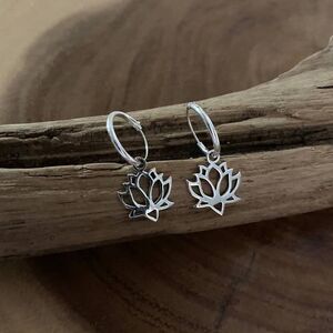 Lotus Flower Sterling Silver Charm Drop Earrings